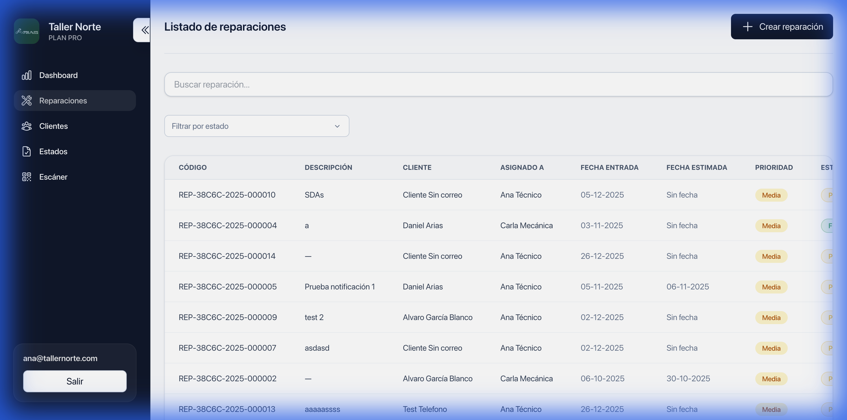 Vista de listado de reparaciones activas