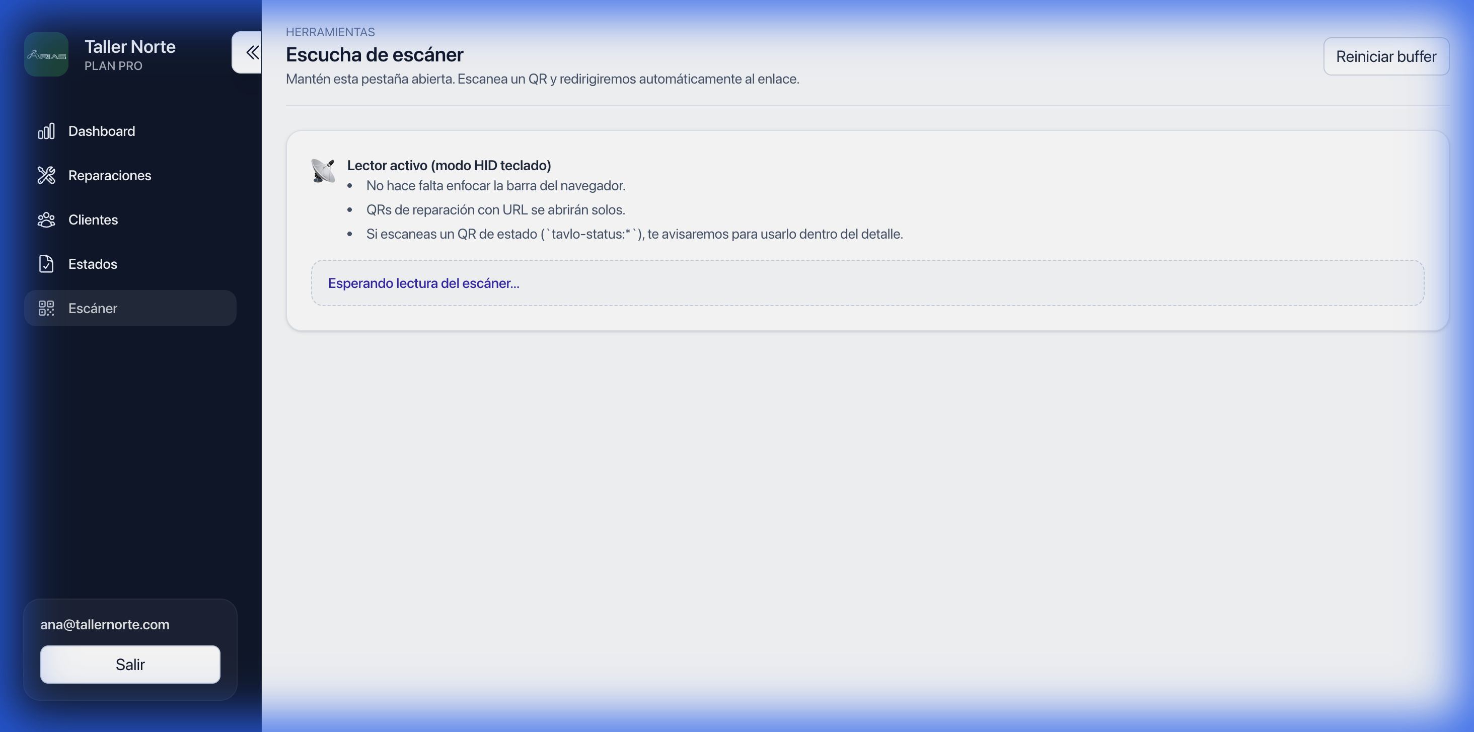 Aplicación de escáner Tavlo en funcionamiento