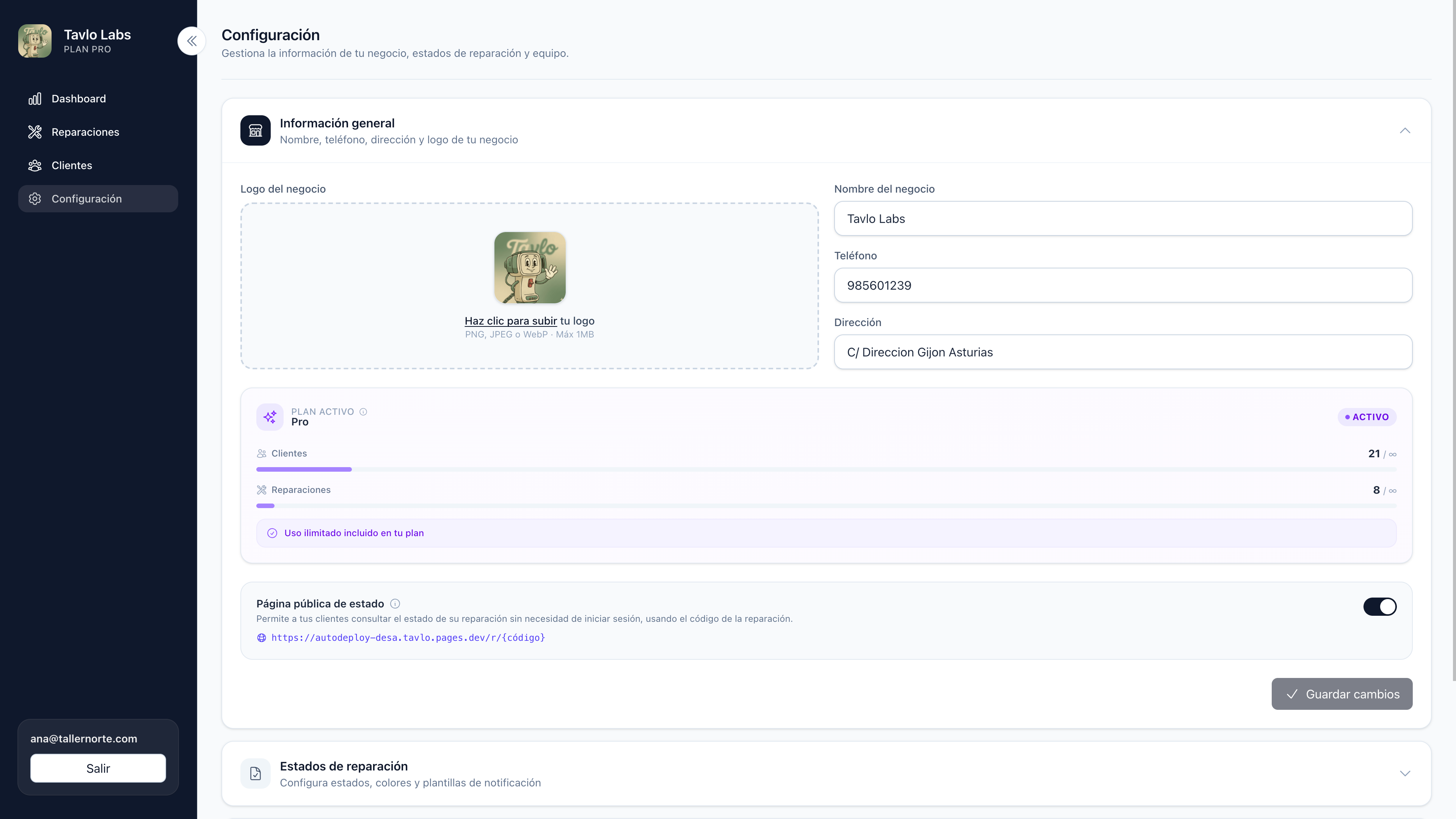 Panel de control principal
